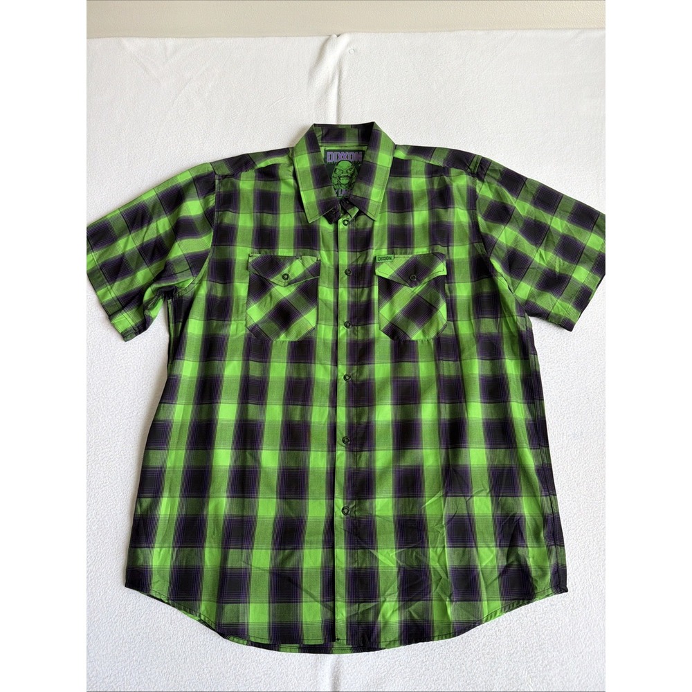 Dixxon Mens XL The Lagoon Short Sleeve Button Down Bamboo Plaid Shirt Green